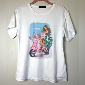 White Graphic Tee with Pink Scooter & Eiffel Tower Illustration